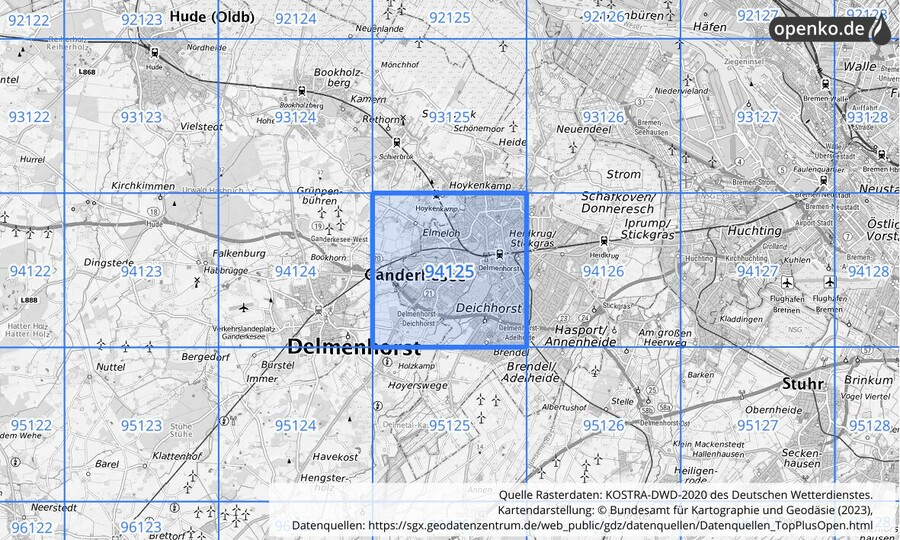 Übersichtskarte des KOSTRA-DWD-2020-Rasterfeldes Nr. 94125