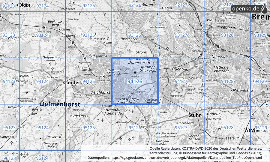 Übersichtskarte des KOSTRA-DWD-2020-Rasterfeldes Nr. 94126