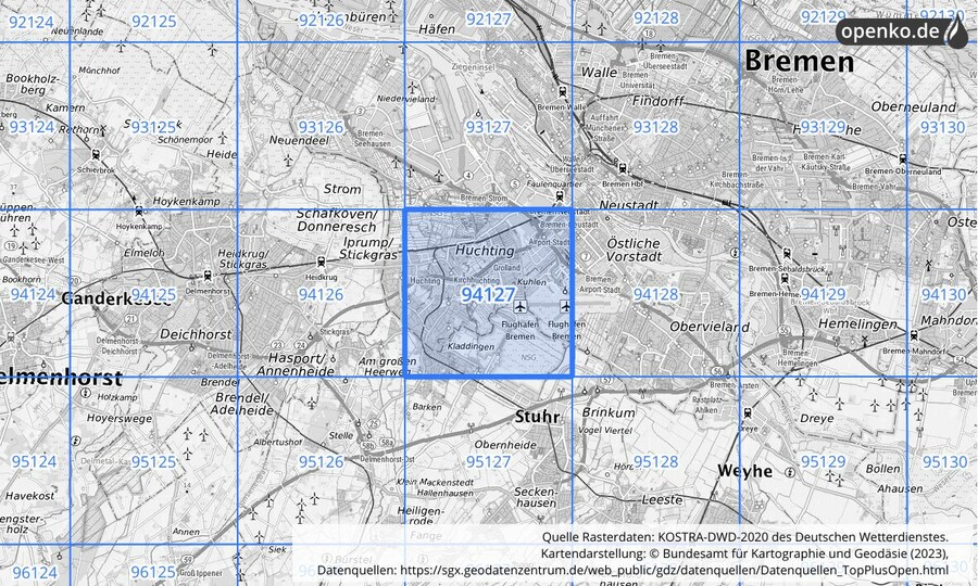Übersichtskarte des KOSTRA-DWD-2020-Rasterfeldes Nr. 94127