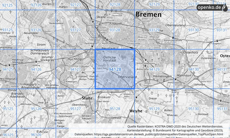 Übersichtskarte des KOSTRA-DWD-2020-Rasterfeldes Nr. 94128