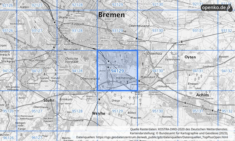 Übersichtskarte des KOSTRA-DWD-2020-Rasterfeldes Nr. 94129