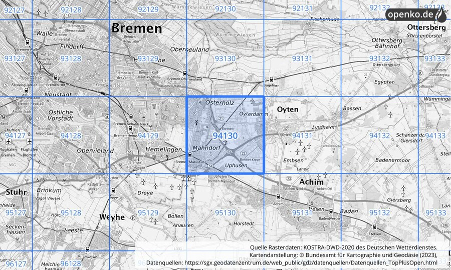 Übersichtskarte des KOSTRA-DWD-2020-Rasterfeldes Nr. 94130