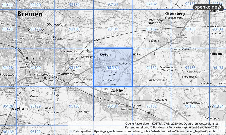 Übersichtskarte des KOSTRA-DWD-2020-Rasterfeldes Nr. 94131