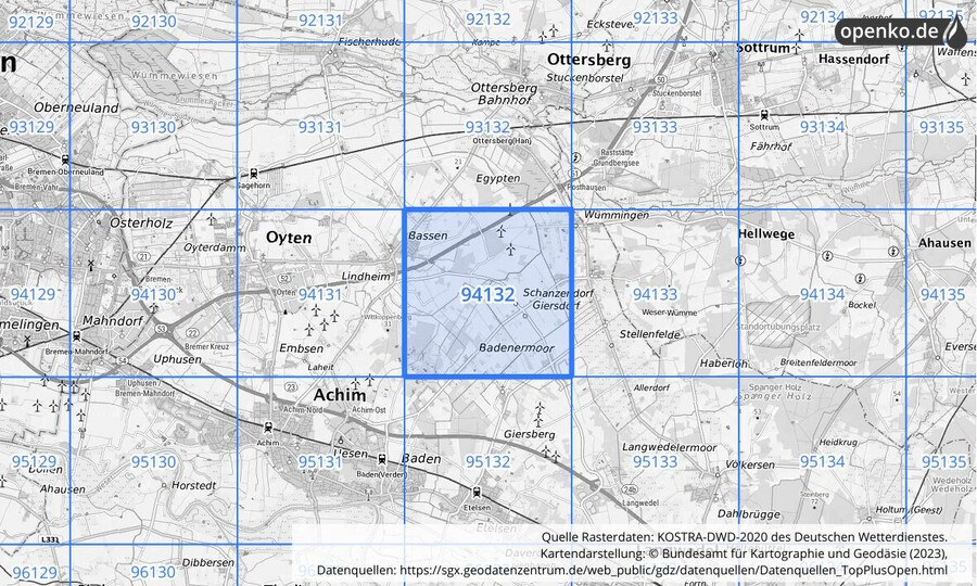 Übersichtskarte des KOSTRA-DWD-2020-Rasterfeldes Nr. 94132