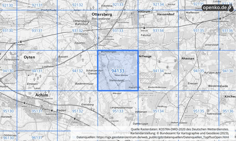 Übersichtskarte des KOSTRA-DWD-2020-Rasterfeldes Nr. 94133