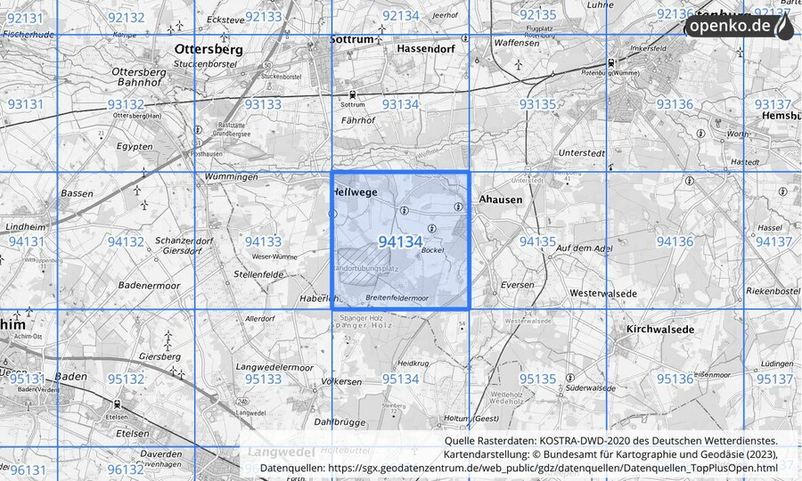 Übersichtskarte des KOSTRA-DWD-2020-Rasterfeldes Nr. 94134