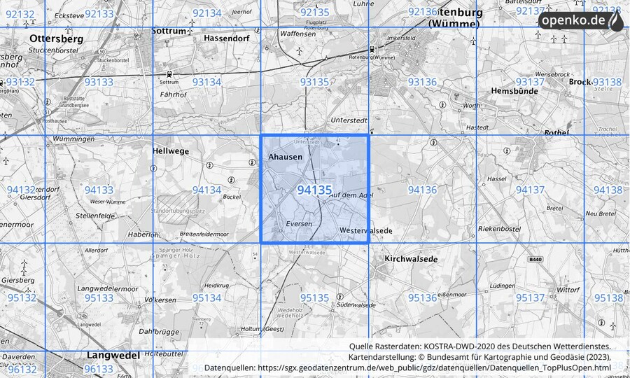 Übersichtskarte des KOSTRA-DWD-2020-Rasterfeldes Nr. 94135