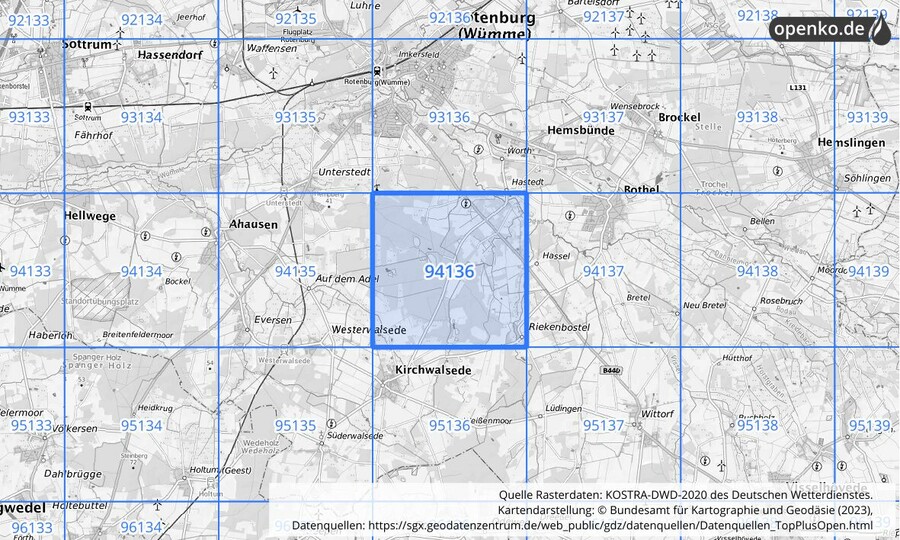 Übersichtskarte des KOSTRA-DWD-2020-Rasterfeldes Nr. 94136