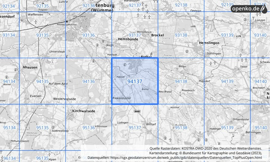 Übersichtskarte des KOSTRA-DWD-2020-Rasterfeldes Nr. 94137