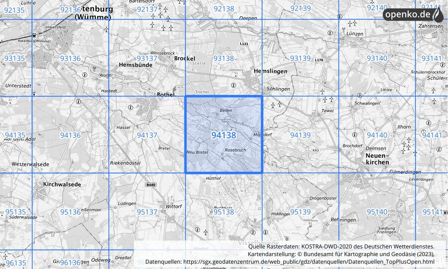 Übersichtskarte des KOSTRA-DWD-2020-Rasterfeldes Nr. 94138