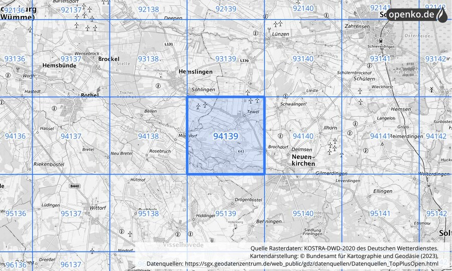 Übersichtskarte des KOSTRA-DWD-2020-Rasterfeldes Nr. 94139