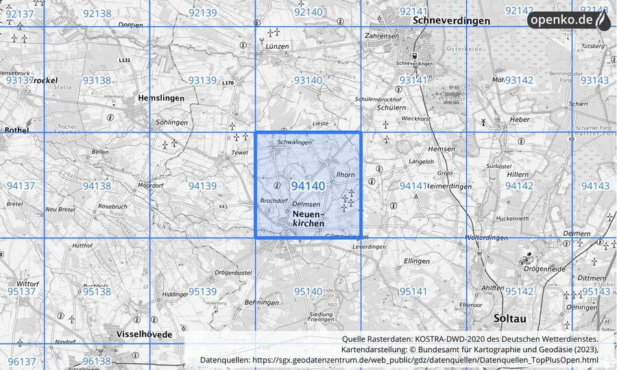 Übersichtskarte des KOSTRA-DWD-2020-Rasterfeldes Nr. 94140