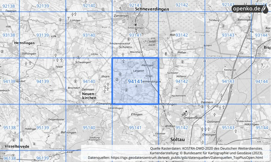 Übersichtskarte des KOSTRA-DWD-2020-Rasterfeldes Nr. 94141