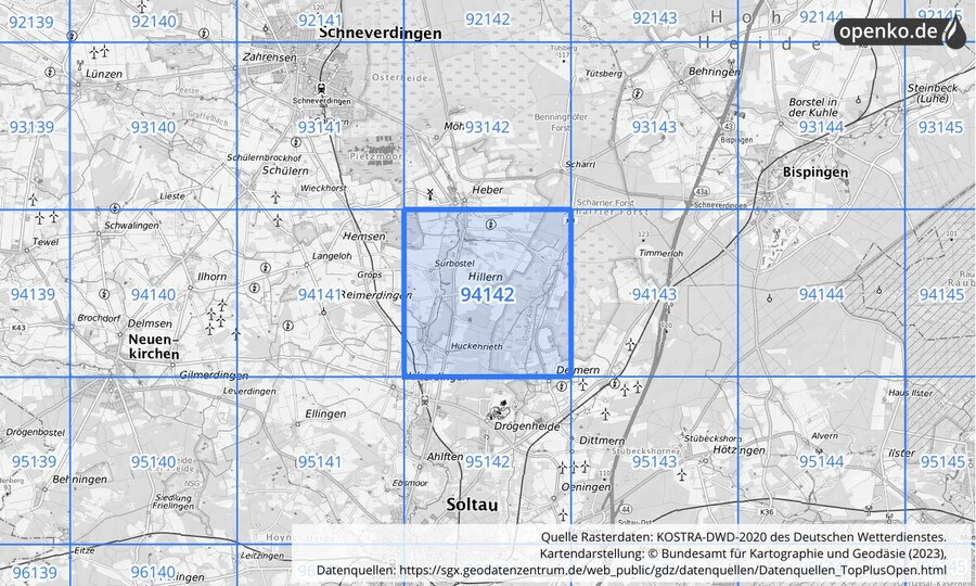 Übersichtskarte des KOSTRA-DWD-2020-Rasterfeldes Nr. 94142