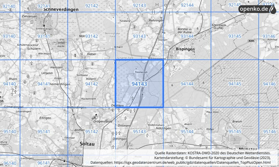 Übersichtskarte des KOSTRA-DWD-2020-Rasterfeldes Nr. 94143