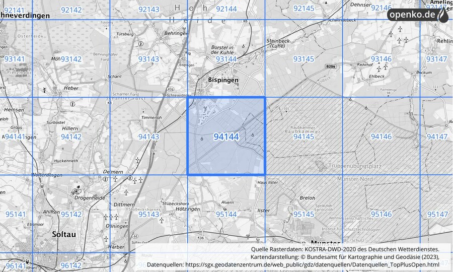 Übersichtskarte des KOSTRA-DWD-2020-Rasterfeldes Nr. 94144