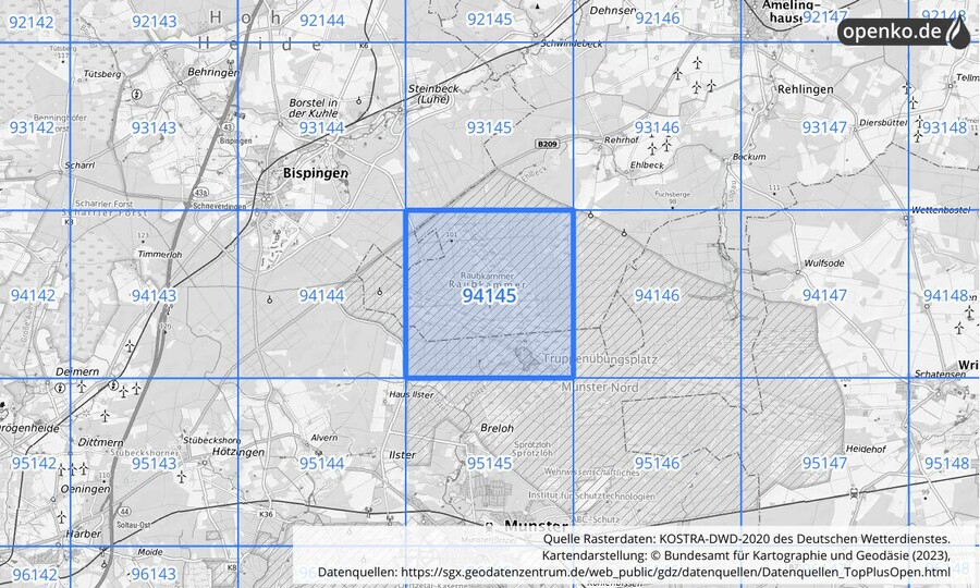 Übersichtskarte des KOSTRA-DWD-2020-Rasterfeldes Nr. 94145