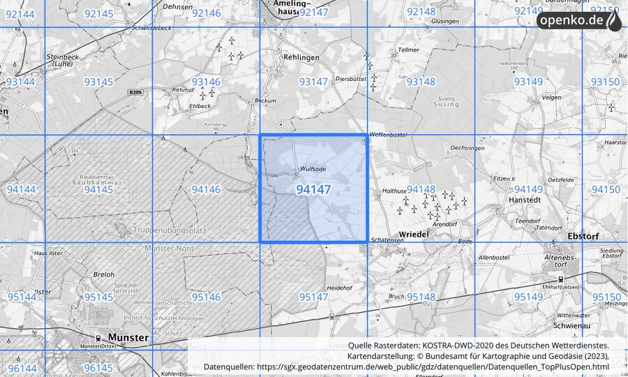 Übersichtskarte des KOSTRA-DWD-2020-Rasterfeldes Nr. 94147