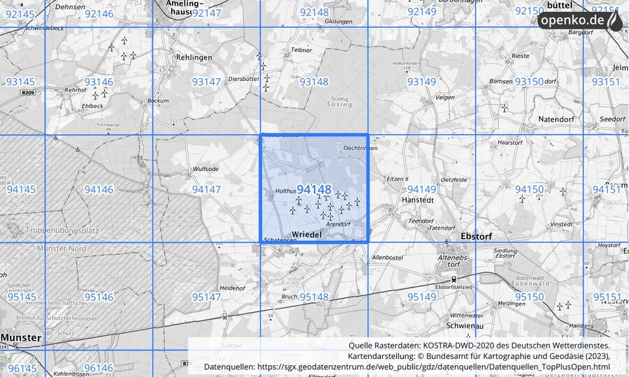 Übersichtskarte des KOSTRA-DWD-2020-Rasterfeldes Nr. 94148