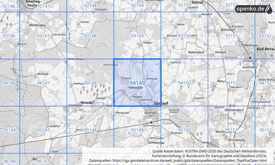 Übersichtskarte des KOSTRA-DWD-2020-Rasterfeldes Nr. 94149