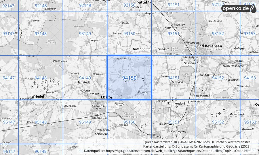Übersichtskarte des KOSTRA-DWD-2020-Rasterfeldes Nr. 94150