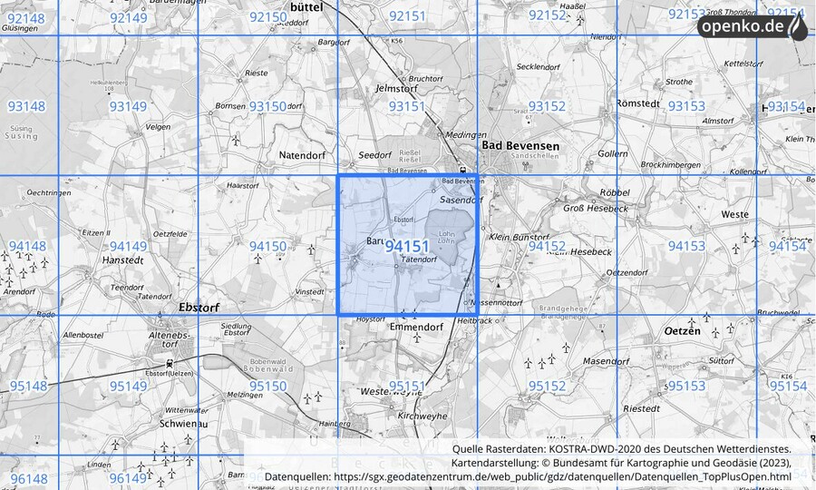 Übersichtskarte des KOSTRA-DWD-2020-Rasterfeldes Nr. 94151