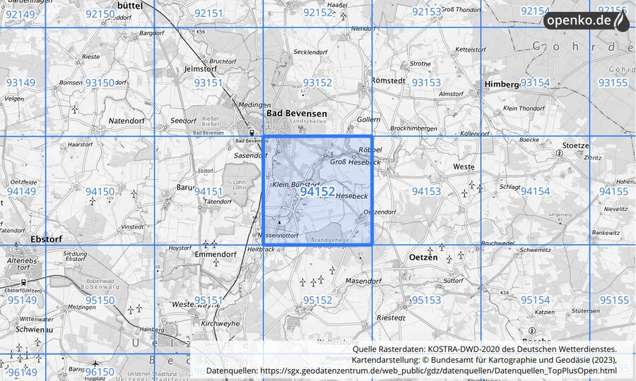 Übersichtskarte des KOSTRA-DWD-2020-Rasterfeldes Nr. 94152