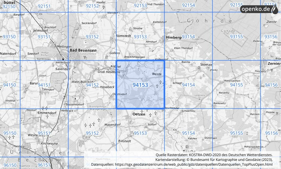 Übersichtskarte des KOSTRA-DWD-2020-Rasterfeldes Nr. 94153