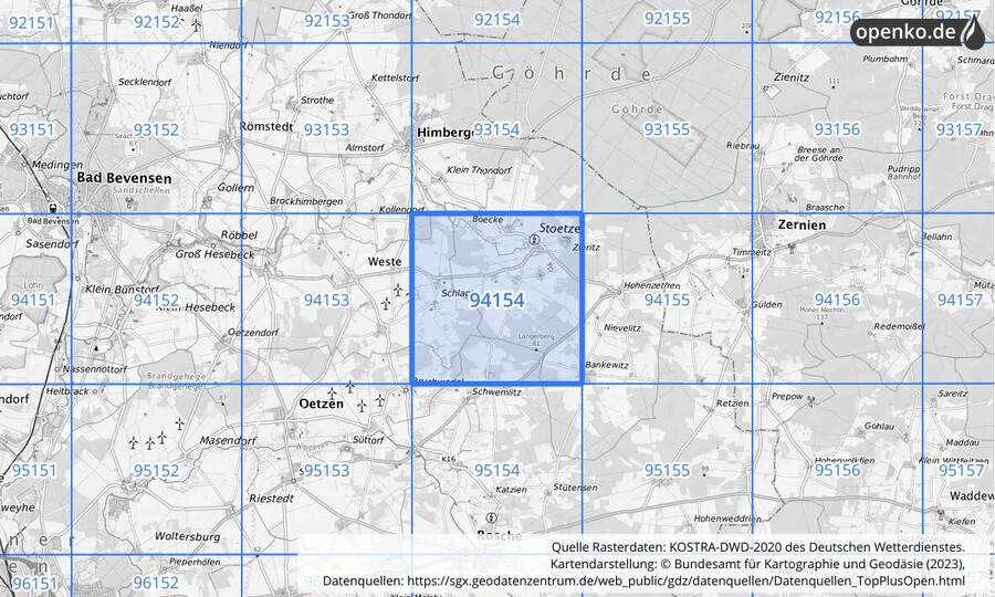 Übersichtskarte des KOSTRA-DWD-2020-Rasterfeldes Nr. 94154