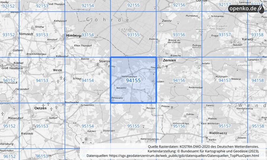 Übersichtskarte des KOSTRA-DWD-2020-Rasterfeldes Nr. 94155