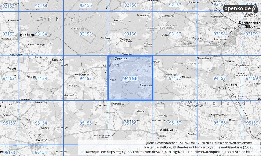 Übersichtskarte des KOSTRA-DWD-2020-Rasterfeldes Nr. 94156