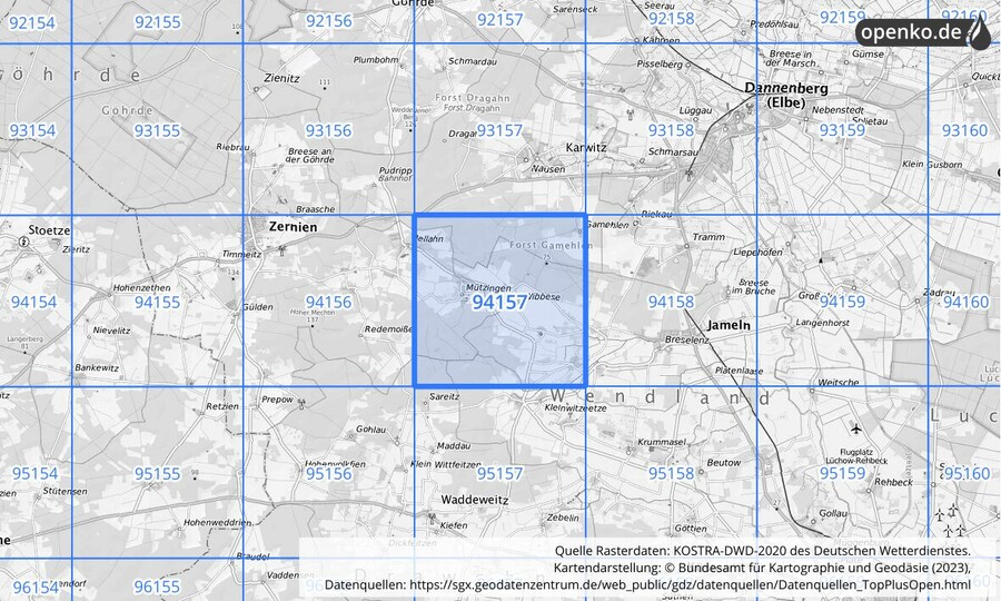 Übersichtskarte des KOSTRA-DWD-2020-Rasterfeldes Nr. 94157