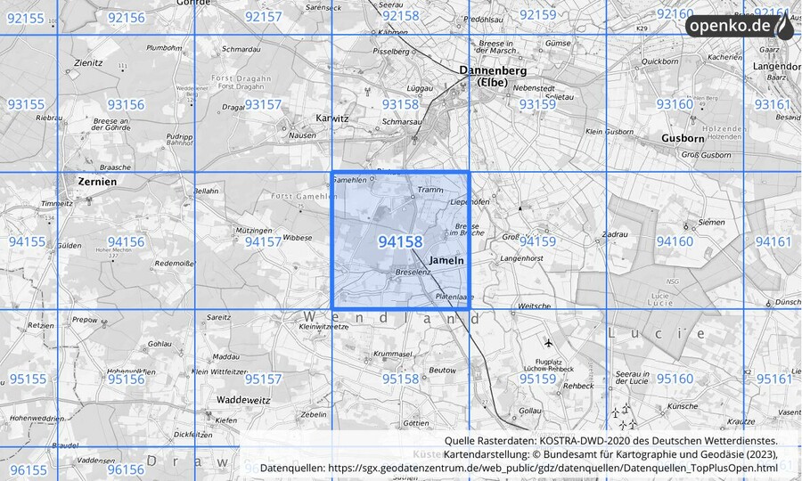 Übersichtskarte des KOSTRA-DWD-2020-Rasterfeldes Nr. 94158