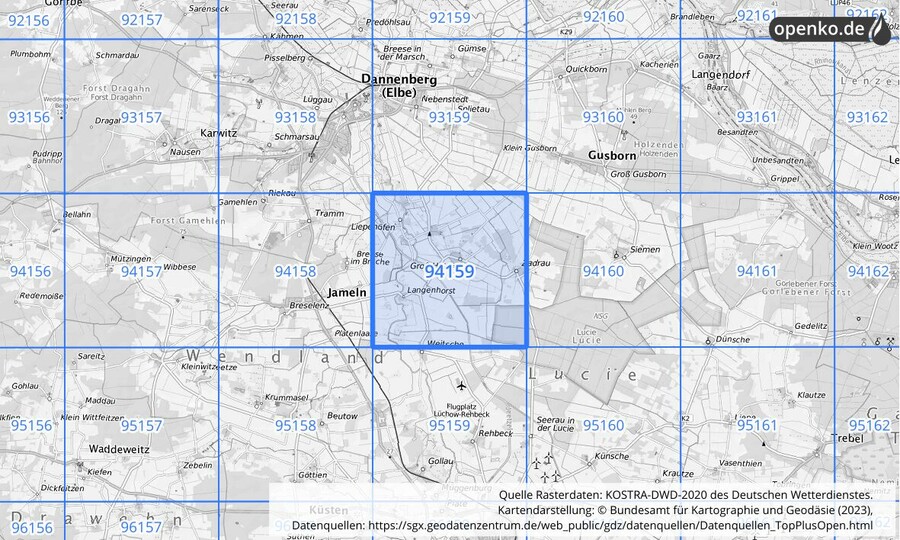 Übersichtskarte des KOSTRA-DWD-2020-Rasterfeldes Nr. 94159