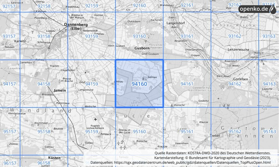 Übersichtskarte des KOSTRA-DWD-2020-Rasterfeldes Nr. 94160