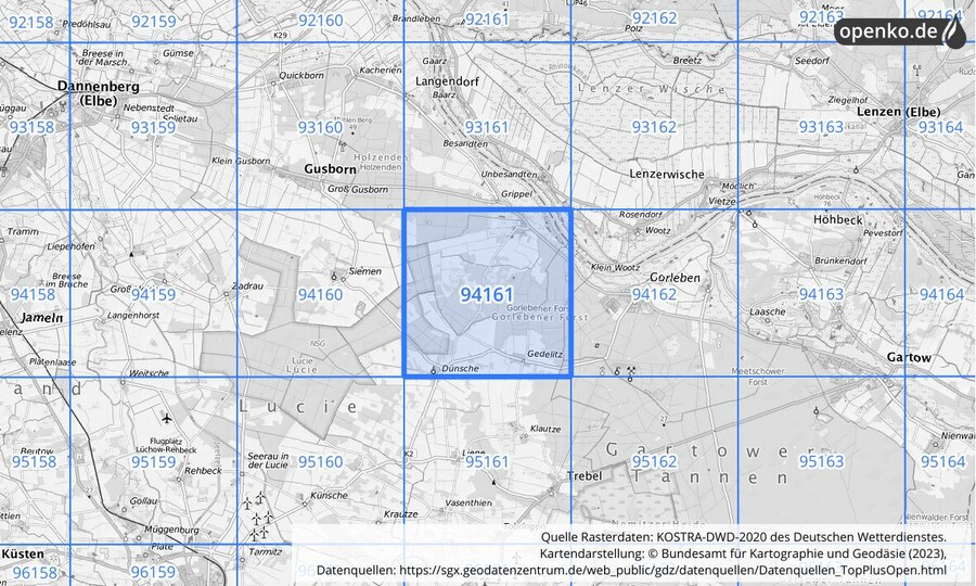 Übersichtskarte des KOSTRA-DWD-2020-Rasterfeldes Nr. 94161