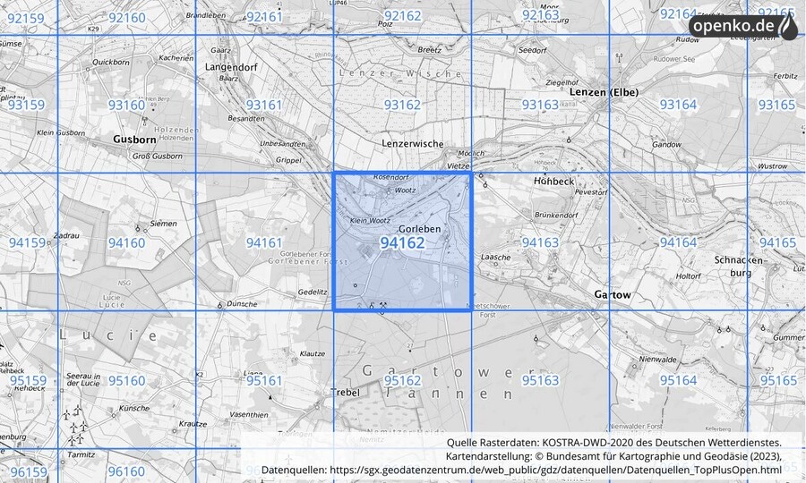 Übersichtskarte des KOSTRA-DWD-2020-Rasterfeldes Nr. 94162