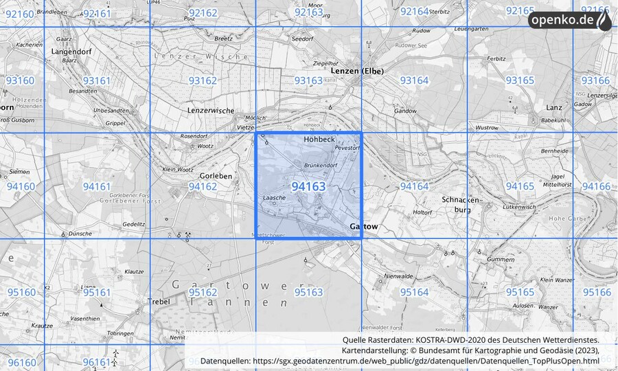 Übersichtskarte des KOSTRA-DWD-2020-Rasterfeldes Nr. 94163