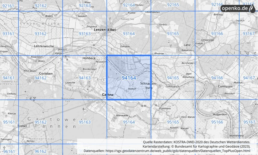 Übersichtskarte des KOSTRA-DWD-2020-Rasterfeldes Nr. 94164