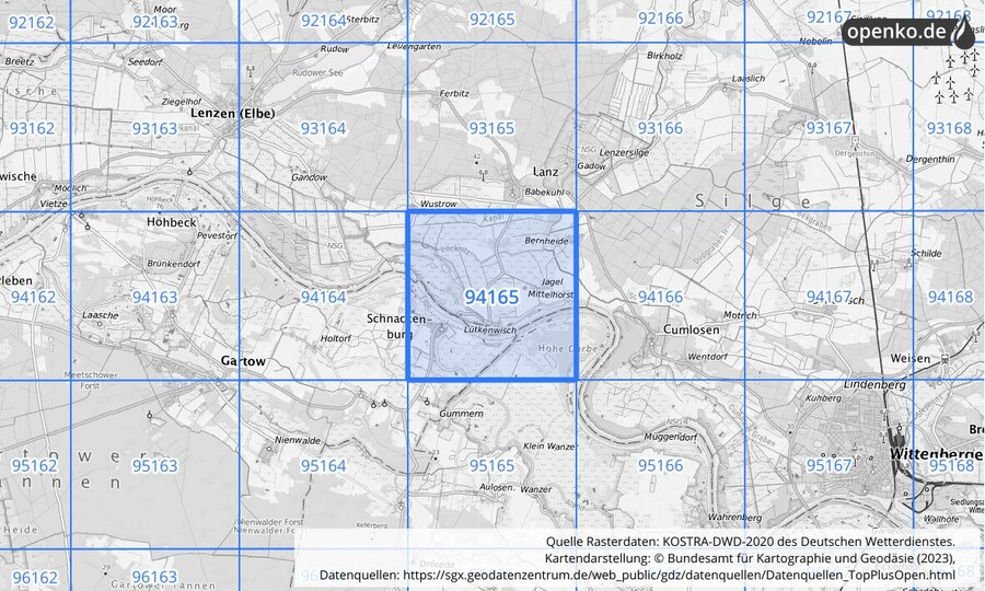 Übersichtskarte des KOSTRA-DWD-2020-Rasterfeldes Nr. 94165