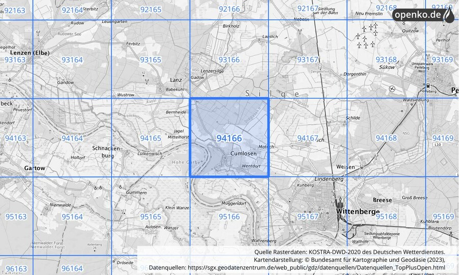 Übersichtskarte des KOSTRA-DWD-2020-Rasterfeldes Nr. 94166