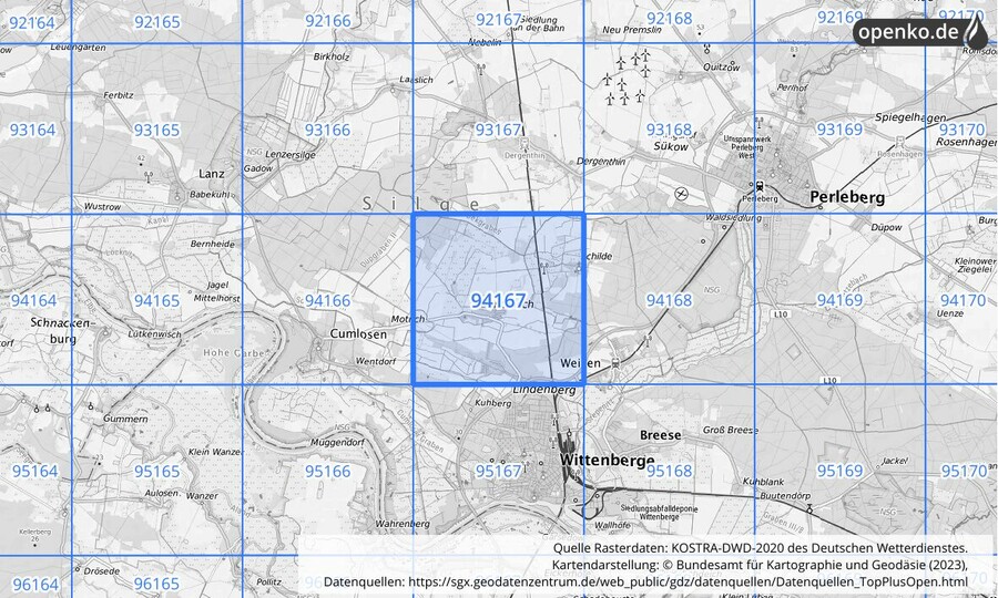 Übersichtskarte des KOSTRA-DWD-2020-Rasterfeldes Nr. 94167