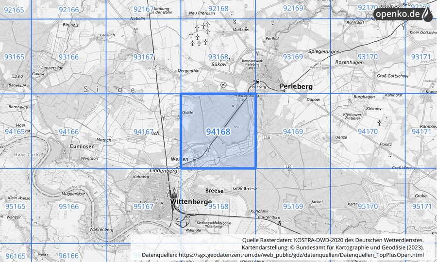 Übersichtskarte des KOSTRA-DWD-2020-Rasterfeldes Nr. 94168