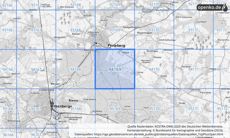 Übersichtskarte des KOSTRA-DWD-2020-Rasterfeldes Nr. 94169