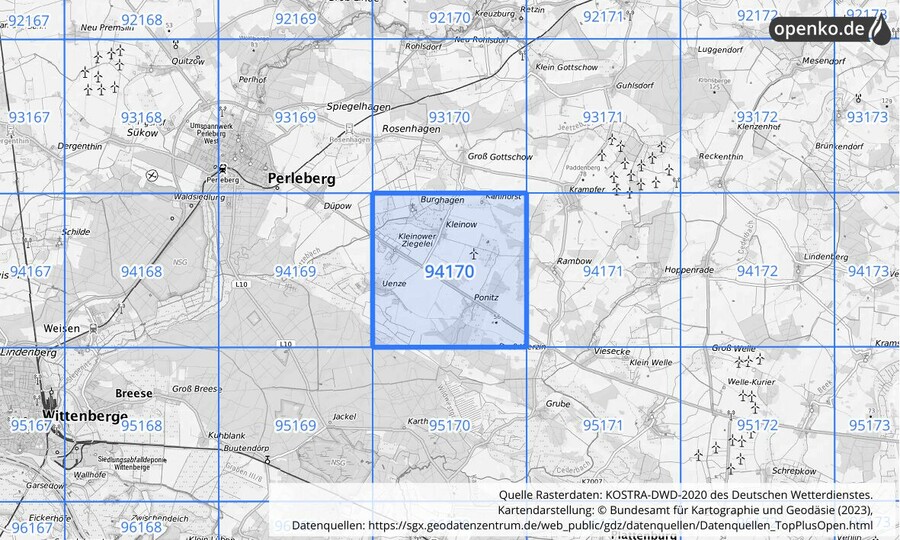 Übersichtskarte des KOSTRA-DWD-2020-Rasterfeldes Nr. 94170