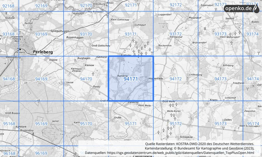 Übersichtskarte des KOSTRA-DWD-2020-Rasterfeldes Nr. 94171