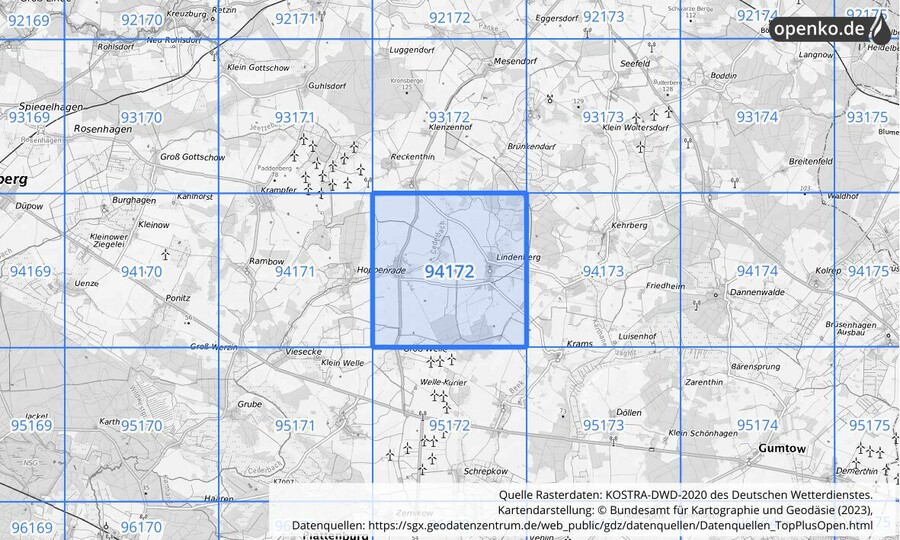 Übersichtskarte des KOSTRA-DWD-2020-Rasterfeldes Nr. 94172