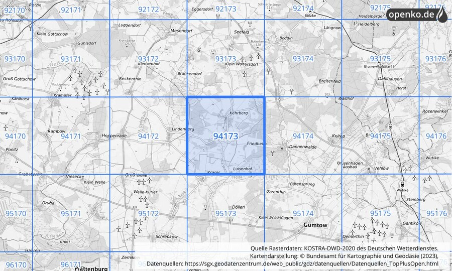 Übersichtskarte des KOSTRA-DWD-2020-Rasterfeldes Nr. 94173