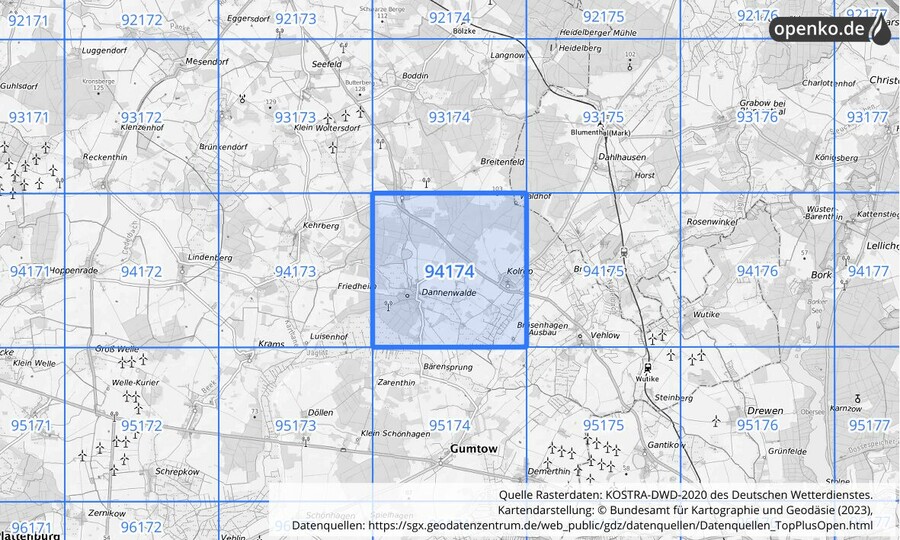 Übersichtskarte des KOSTRA-DWD-2020-Rasterfeldes Nr. 94174
