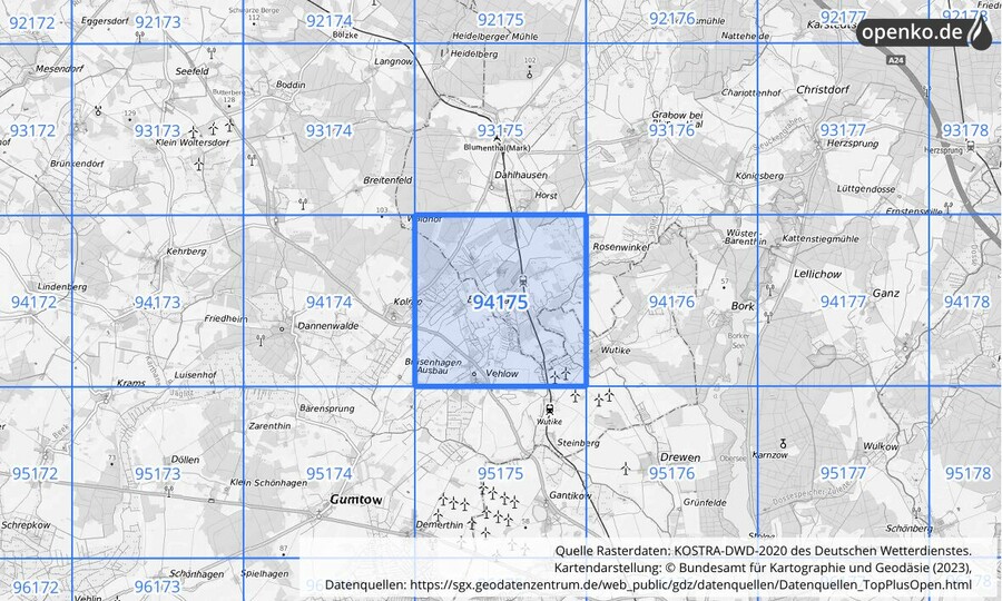 Übersichtskarte des KOSTRA-DWD-2020-Rasterfeldes Nr. 94175